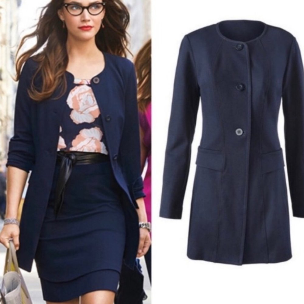 Cabi Lido Ponte Knit Jacket Mid Length Button Front Navy blue Women Medium 5093